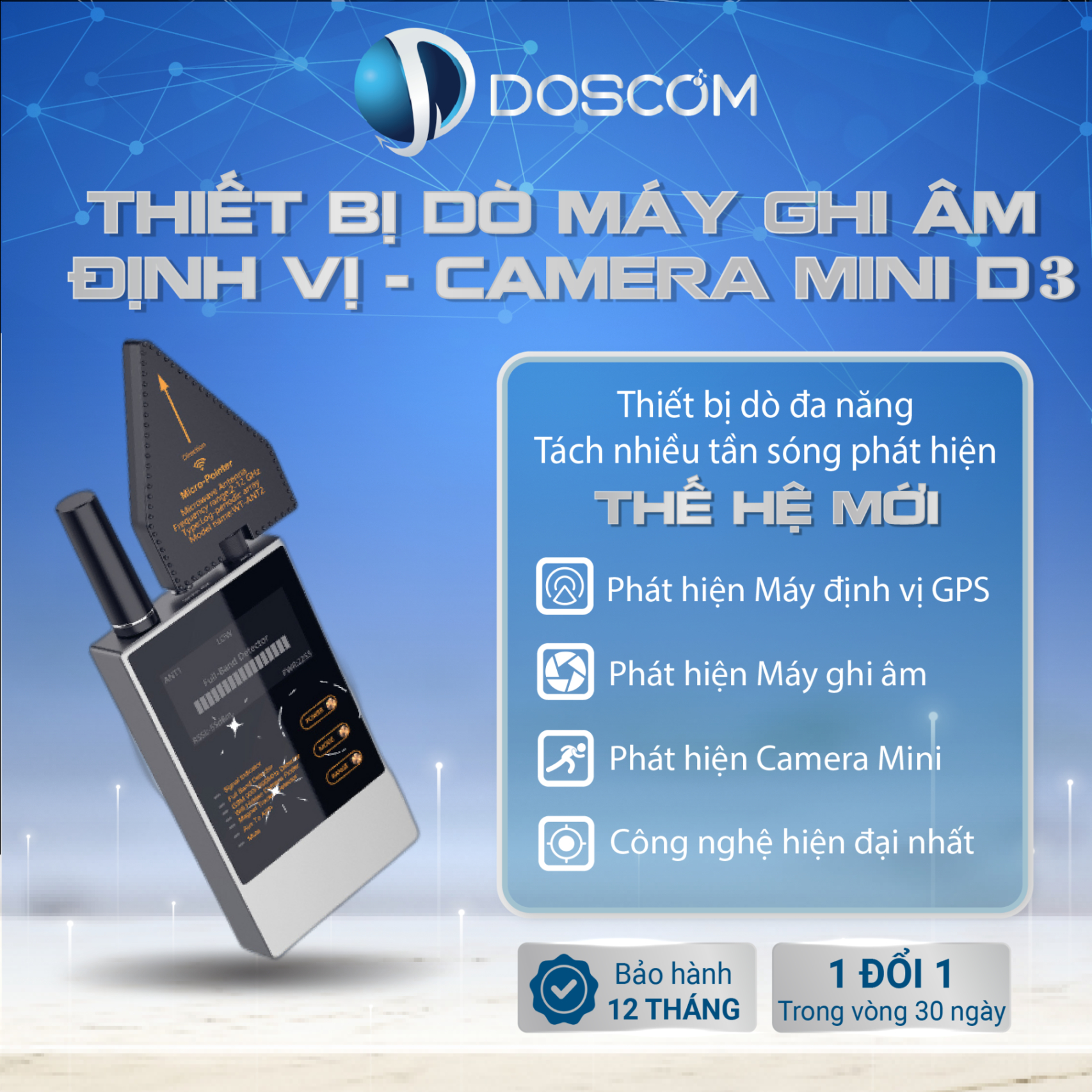 Doscom d3 - thiết bị dò tìm máy ghi âm, máy định vị gps, camera mini - độ nhạy cao, sử dụng liên tục 10 giờ