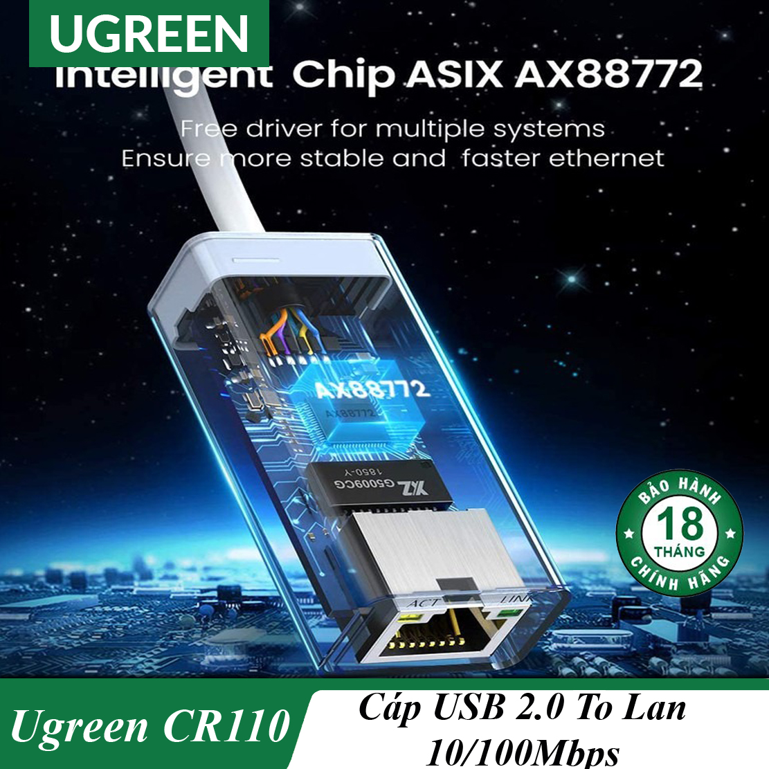 Cáp chuyển usb ra lan chính hãng ugreen cr110 cao cấp
