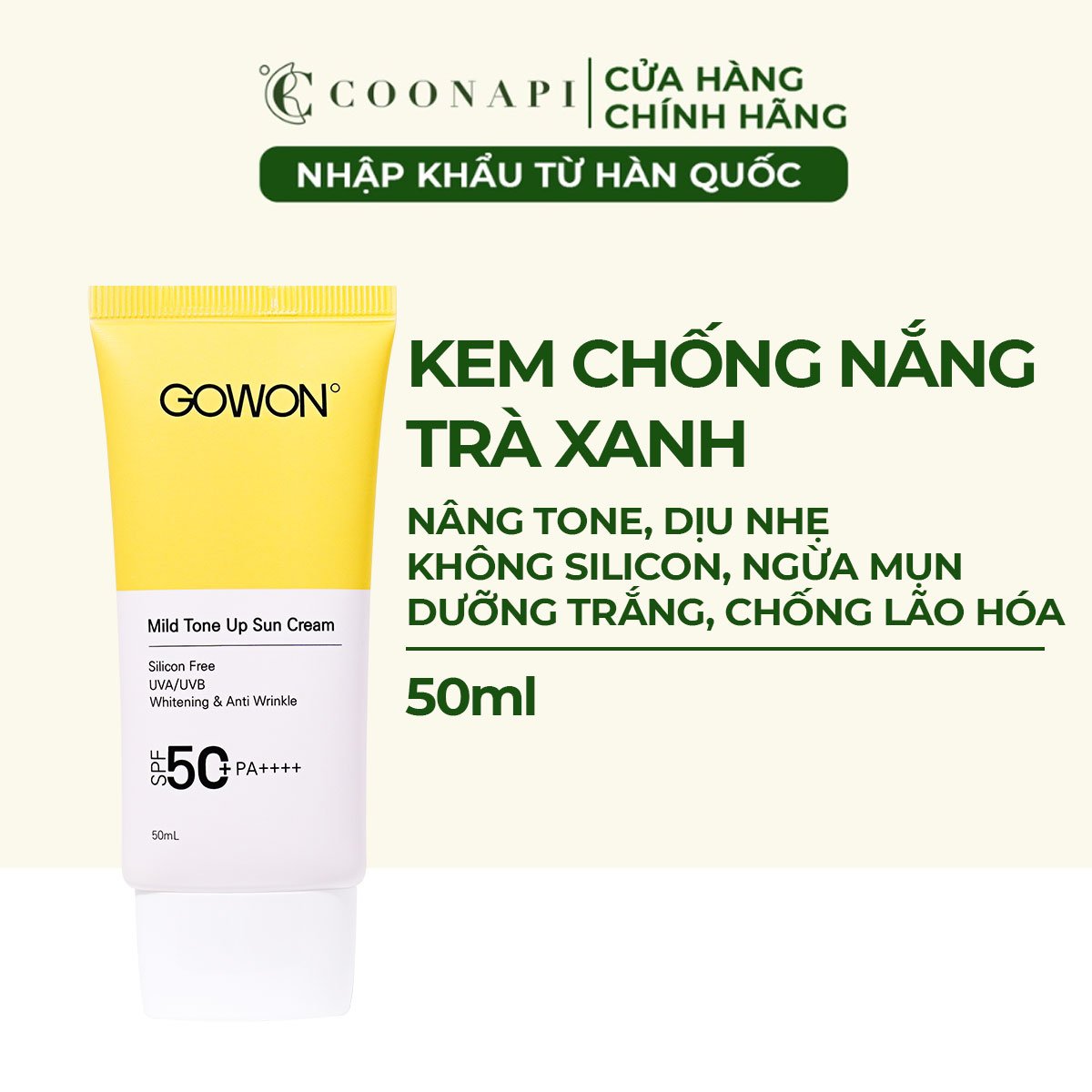 Kem Chống Nắng Cho Da Nhạy Cảm, Ngừa Mụn, Dưỡng Trắng Da Chiết Xuất Trà Xanh Gowon Mild Tone Up Sun Cream SPF50+/PA++++