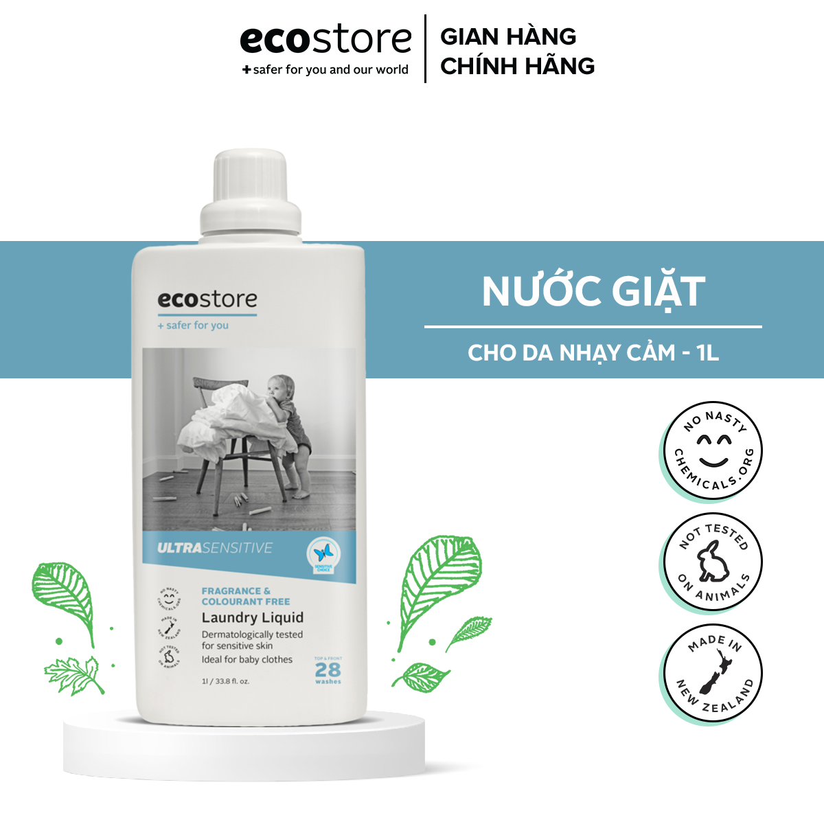 Nước giặt gốc thực vật cho Da nhạy cảm ECOSTORE 1L bền vải - dịu da - phù hợp quần áo trẻ nhỏ