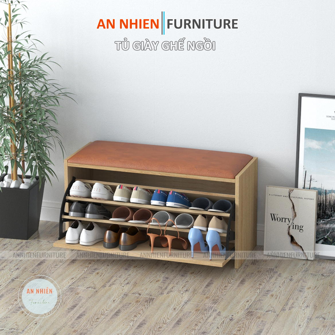 Tủ giày gỗ cánh lật cao cấp kết hợp nệm ghế ngồi mang giày - nội thất an nhiên