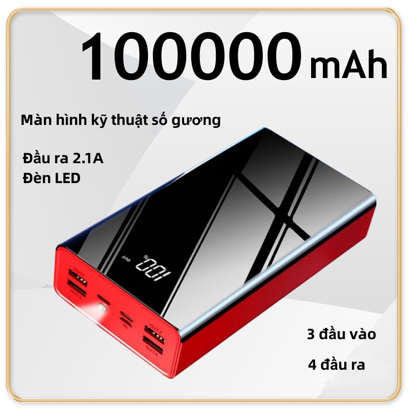 Sạc dự phòng Powerbank 100000mAh Gương dung lượng lớn Màn hình kỹ thuật số Power Bank Đèn LED 4 đầu ra 3 đầu vào Pin ngoài