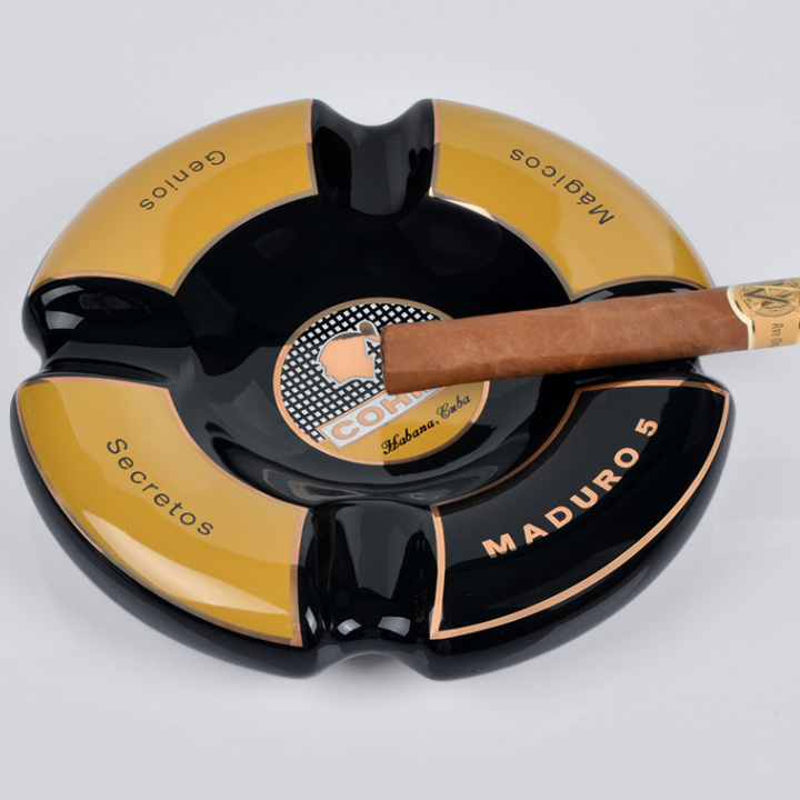 Gạt tàn xi ga gốm sứ 4 điếu hình tròn 22cm màu vàng đen sang trọng decor bàn làm việc - Gạt tàn gốm sứ, Gạt tàn cigar đẹp