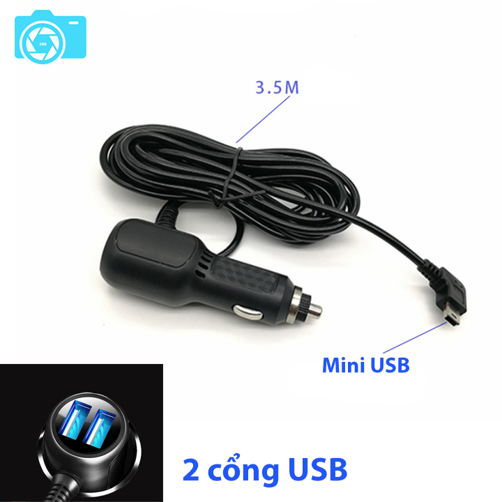 Tẩu nguồn cho camera hành trình, Mini USB, 5V, 3.5A, 2 cổng sạc điện thoại, chân vuông
