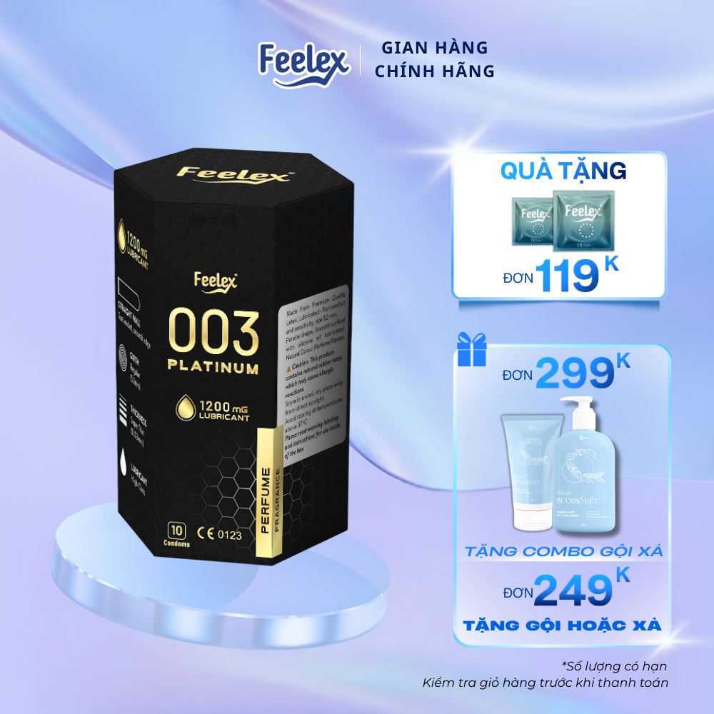 Bao cao su Feelex 003 platinum siêu mỏng, hương nước hoa, gel bôi trơn gốc silicon - hộp 10c