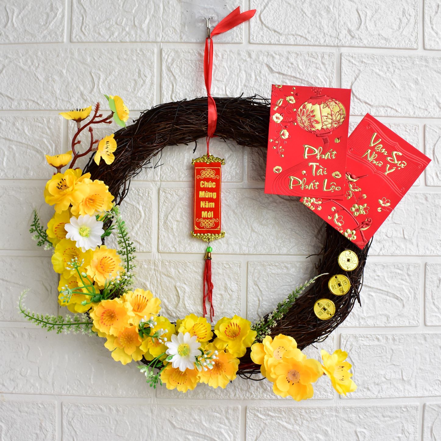 Vòng hoa tết mai vàng trang trí treo cửa - quà tặng biếu tết - vòng hoa mai vàng, liễng, bao lì xì