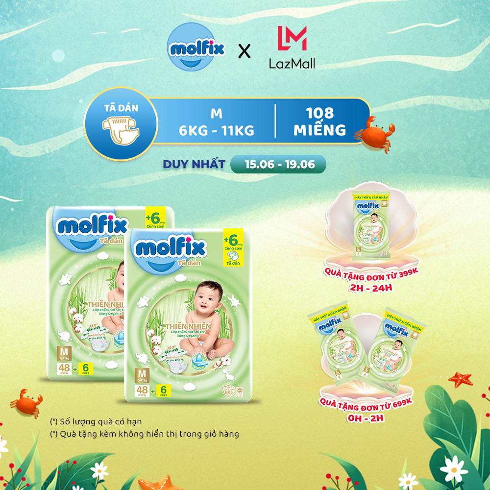 Combo 2 tã/bỉm dán moflix thiên nhiên jumbo m - 2 gói 108 miếng
