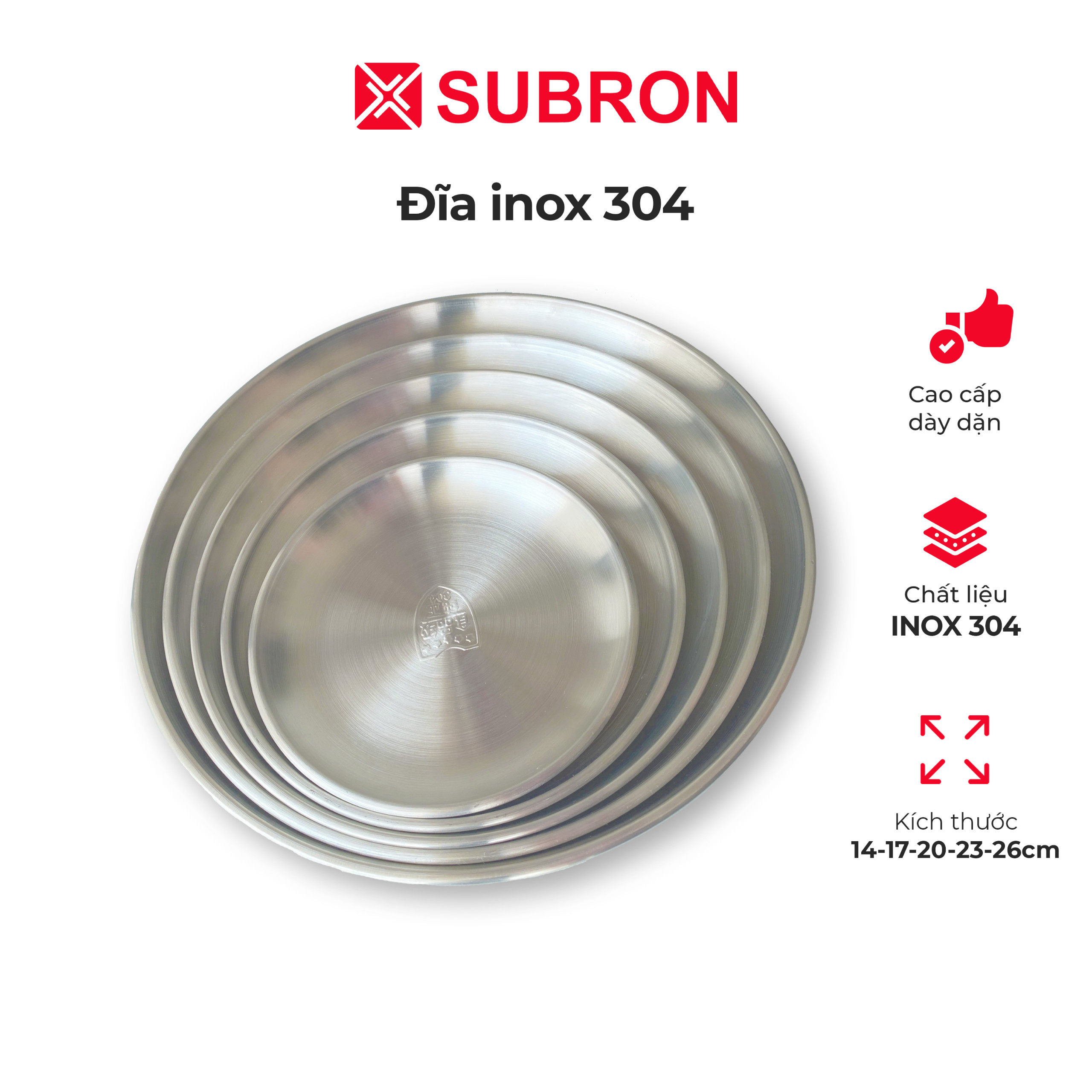Đĩa inox 304 cao cấp dày dặn, đĩa inox tròn kiểu dáng hiện đại, đa dạng kích thước 14/ 17/ 20/ 23/ 26cm
