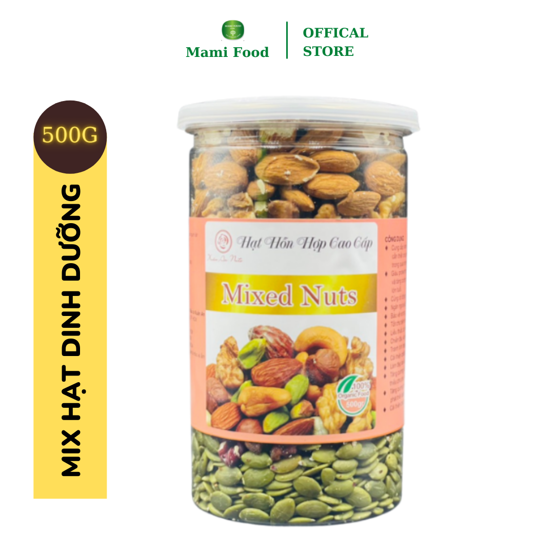 Hạt hỗn hợp mix 500g: nhân mắc ca, điều, hạnh nhân, bí xanh, nhân óc chó