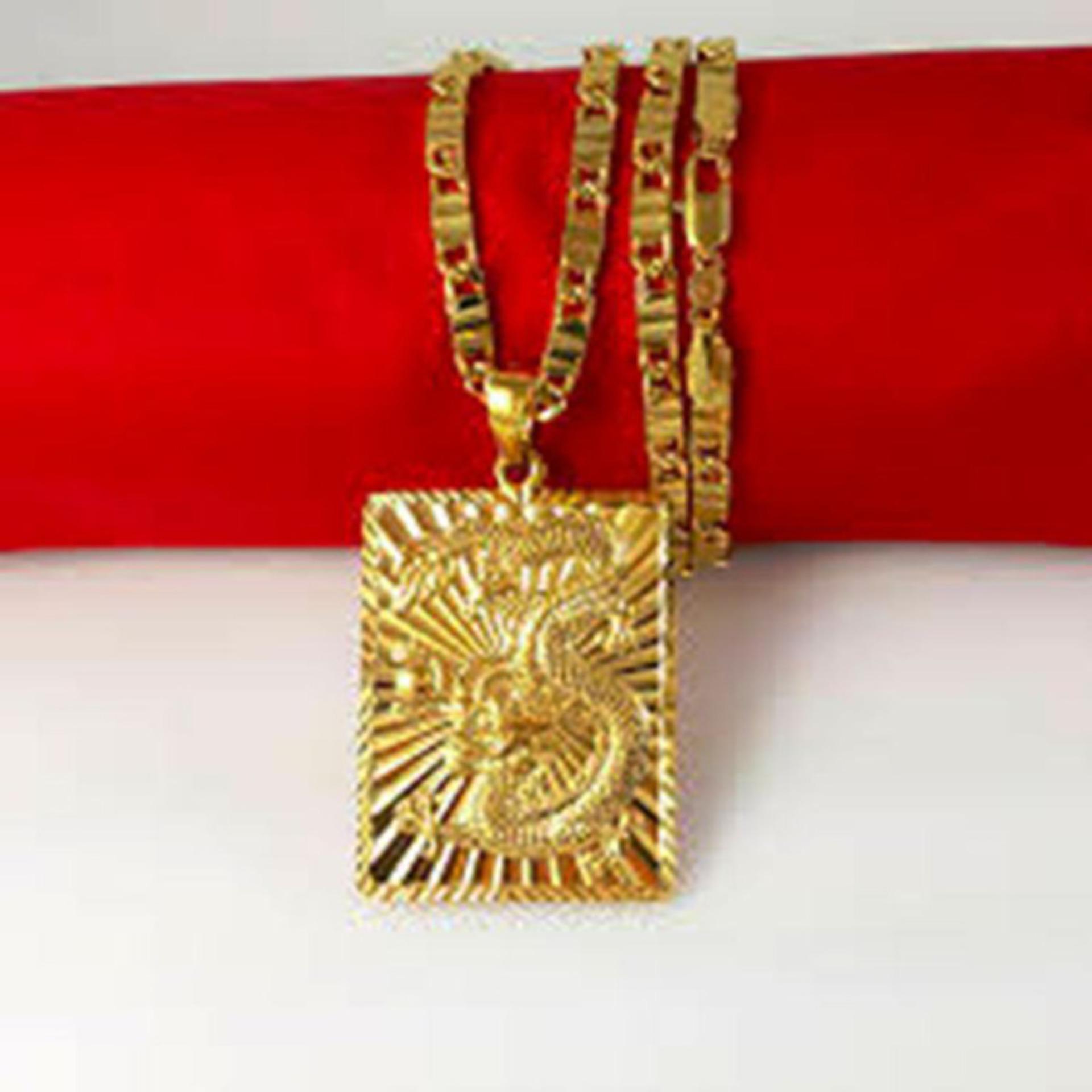 Bộ Dây chuyền mạ vàng 24k - Vòng cổ Dẹt - Kèm mặt rồng vuông ( Titan mạ vàng không phai mấu )