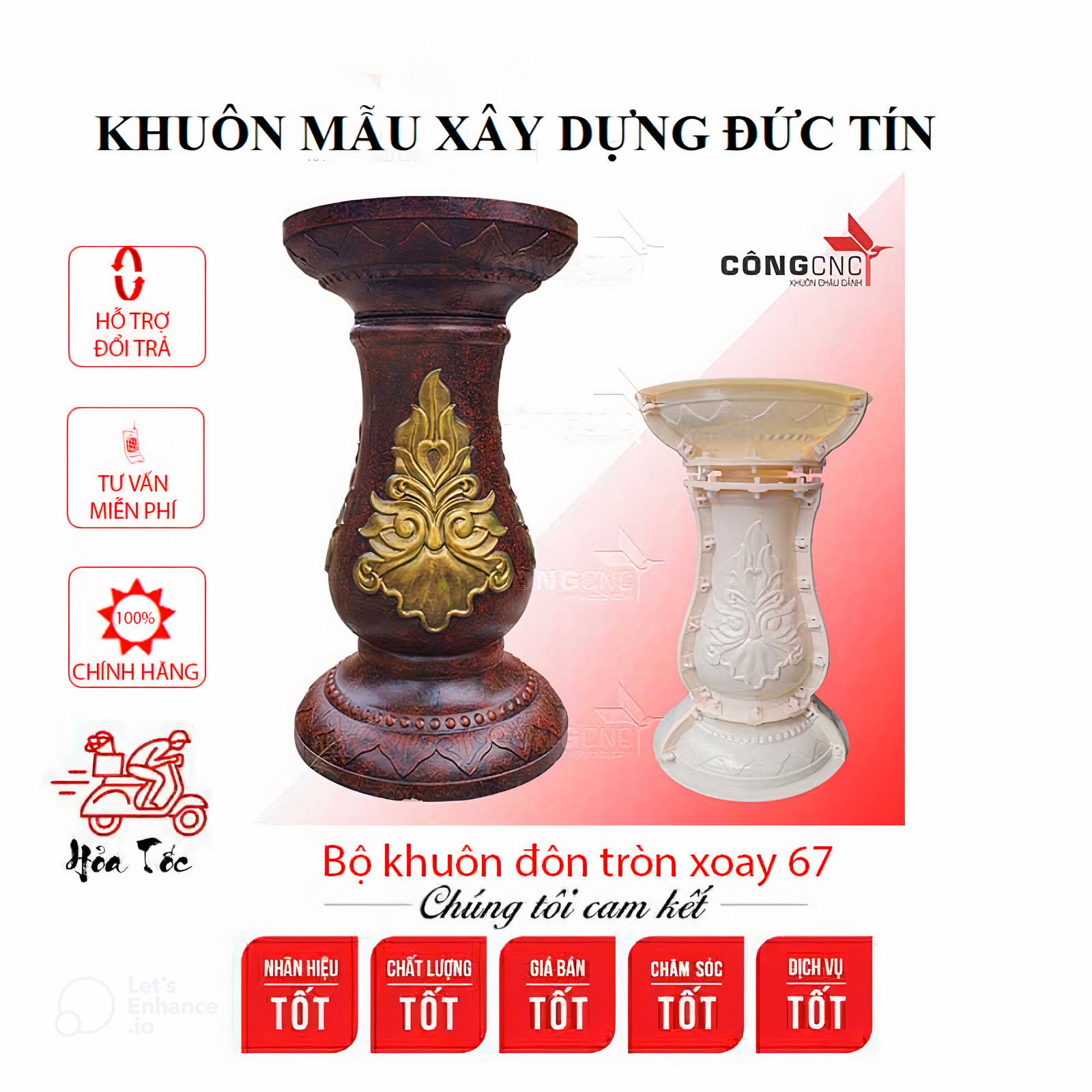 Khuôn đôn tròn xoay 360 độ cao 67cm, khuôn đầy đủ lòng trong, hàng việt nam dày dặn, chắc chắn.