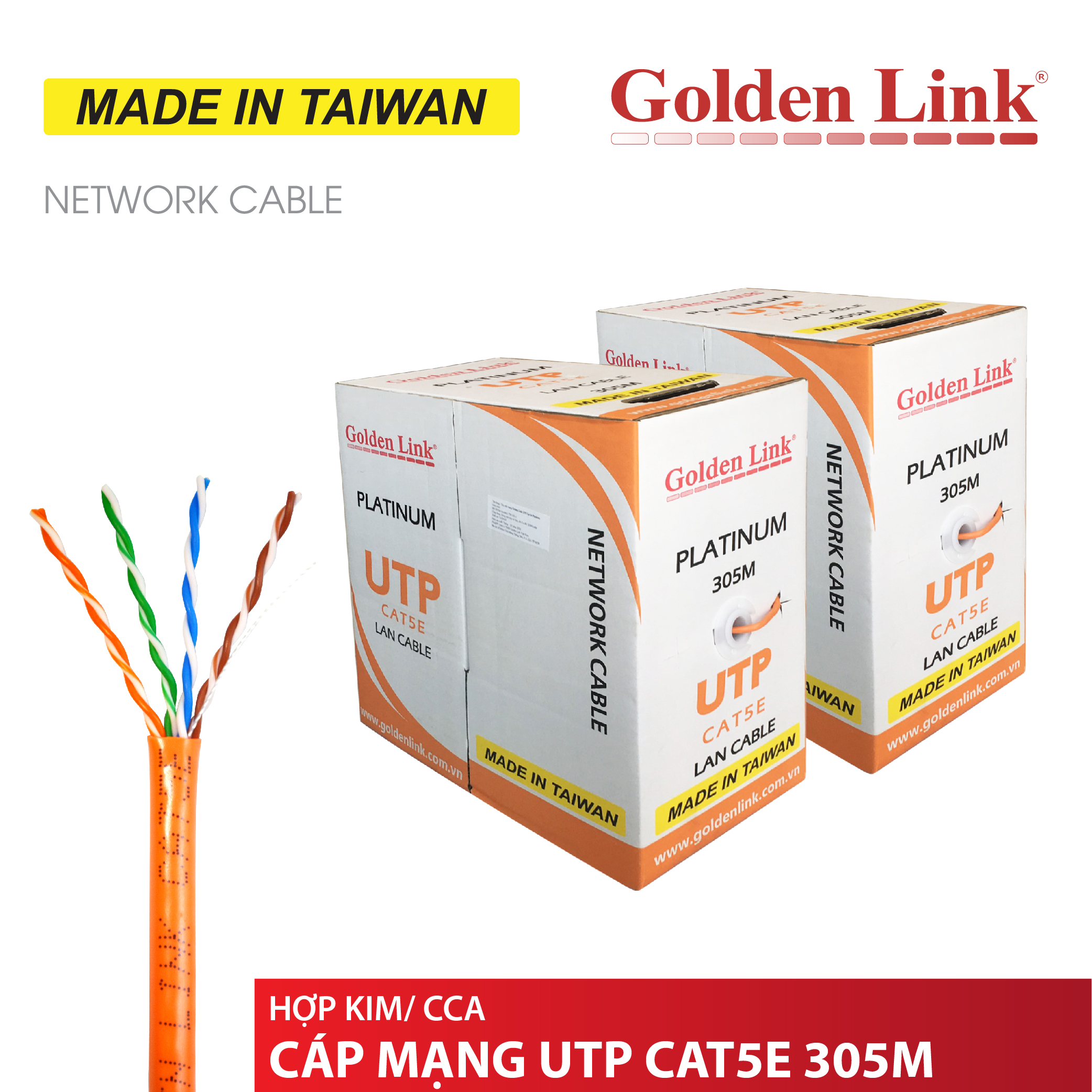 Dây cáp mạng Golden Link UTP Cat 5e Platium TAIWAN (màu cam) -TW1101-1, bấm sẵn 2 đầu Jack mạng JR45