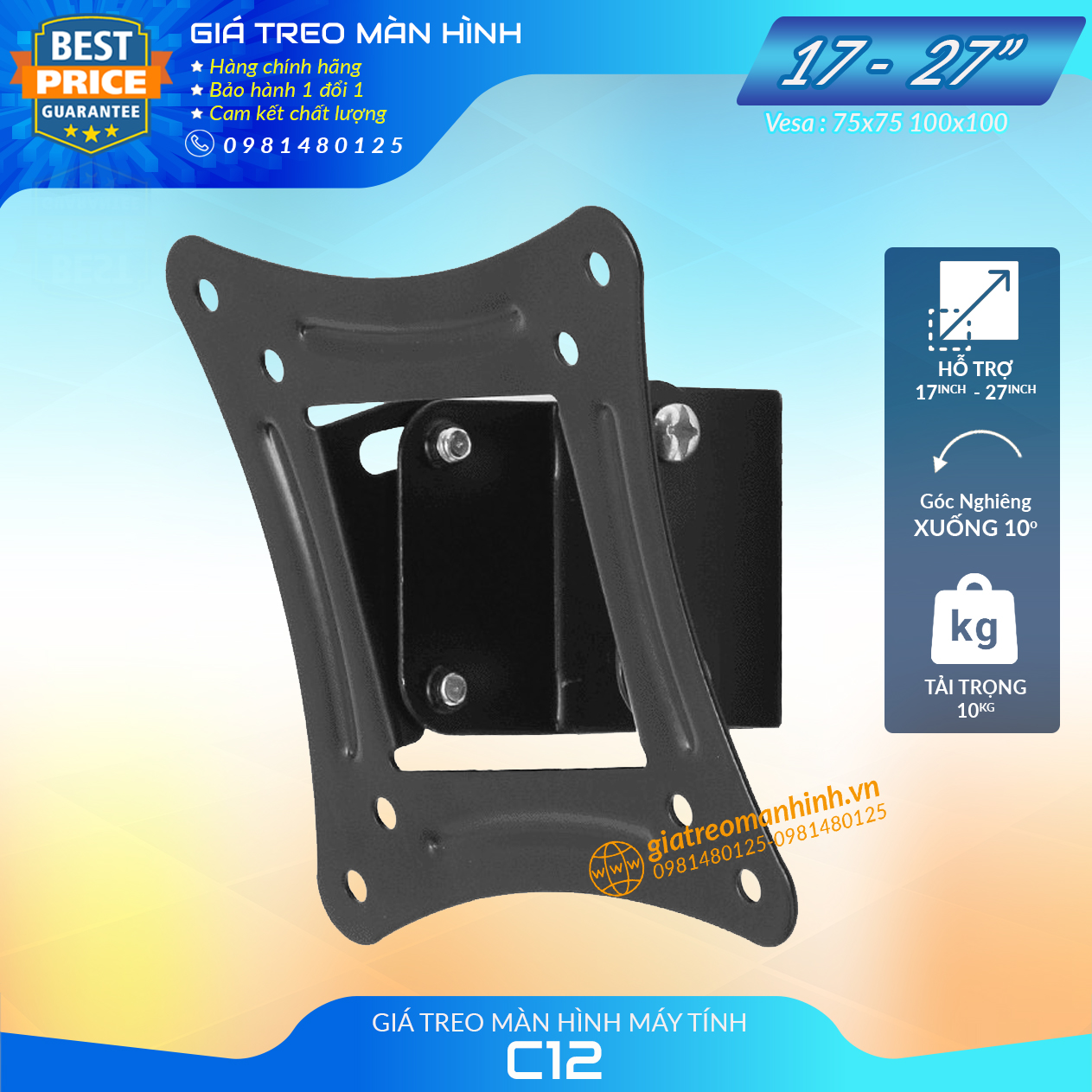 Giá Treo Màn Hình 17 - 27 (Upto 32Inch) Model C12 / Cách Tường 3,5 Cm  - Tùy Chỉnh Góc Nghiêng Xuống 10 Độ