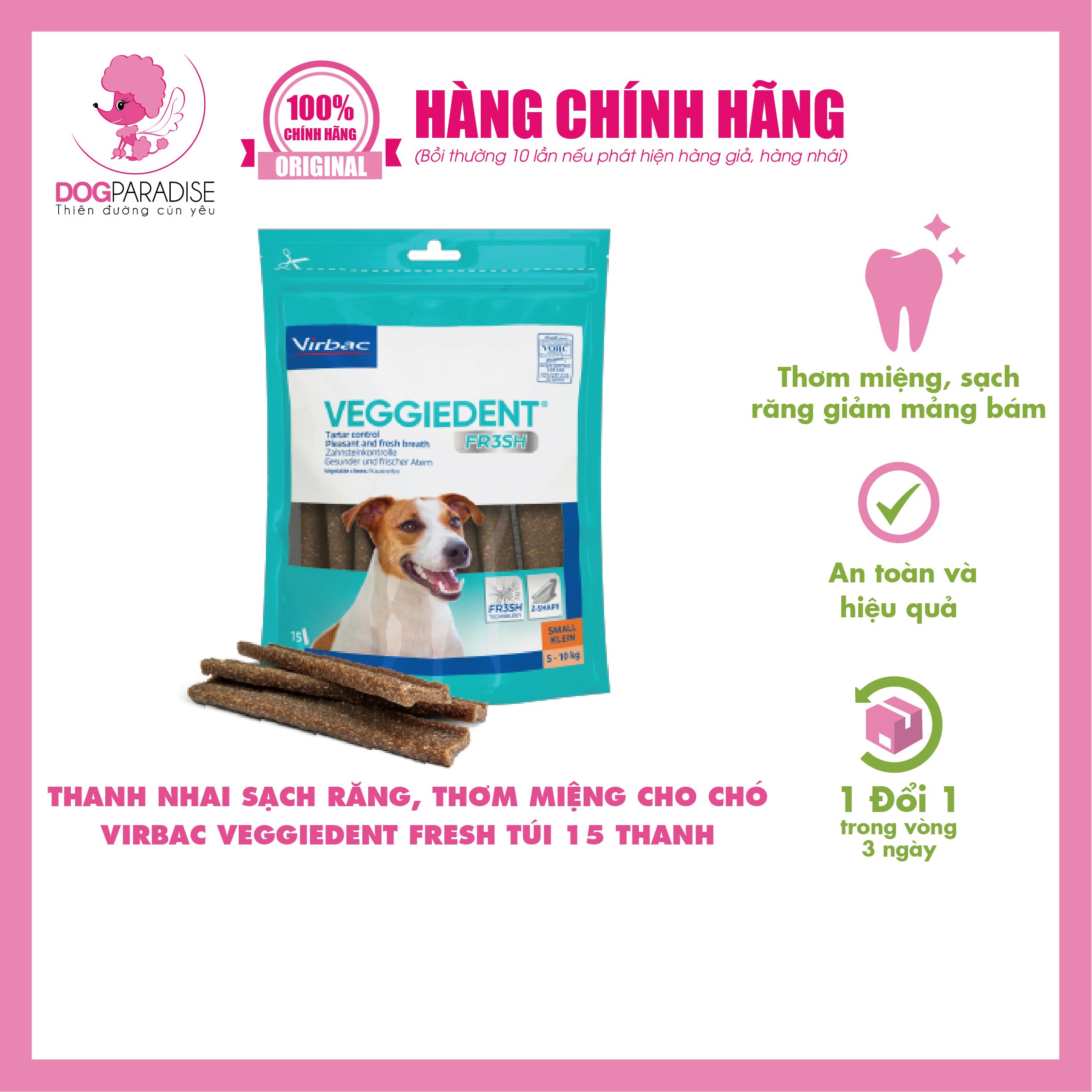 Thanh nhai sạch răng, thơm miệng cho chó virbac veggiedent fresh - dogparadise