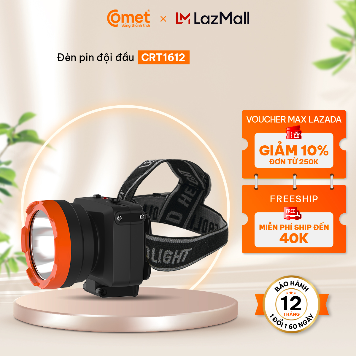 Đèn Pin Sạc Led Đội Đầu Comet CRT1612 thiết kế đẹp bền rẻ gọn nhẹ thông minh cường độ và phạm vi chiếu sáng ấn tượng,thiết kế theo kiểu đeo trên trán rất tiện lợi,có 2 chế độ chiếu sáng: Cốt và pha - Hàng Chính Hãng