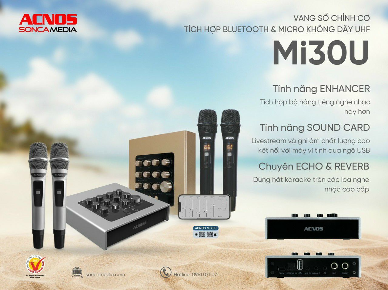 Vang số chỉnh cơ tích hợp bluetooth & micro acnos mi30u, tính năng enhancer thiết kế nhỏ gọn, có thể kết nối với điện thoại, dùng hát karaoke trên các loa nghe nhạc cao cấp