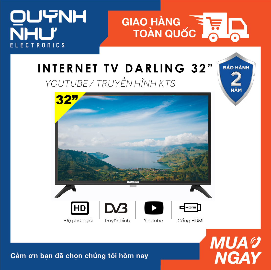 Tivi LED DVB-T2 Darling 32 inch Model 32HD964T2 (HD Ready, Dolby Surround, Truyền hình KTS DVB-T2 / DVB-S2, màu đen) - Tivi giá rẻ - Bảo hành toàn quốc 2 năm