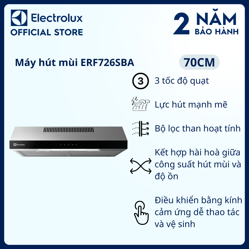 [Giao lắp 0Đ] Máy hút mùi Electrolux dạng cổ điển 70cm ERF726SBA, Hút mùi nhanh chóng, Dễ dàng điều khiển và vệ sinh