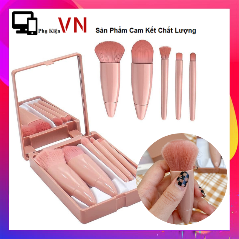 Hộp 5 cây cọ trang điểm cao cấp kèm gương - hộp cọ trang điểm 5 món - bộ cọ makeup 5 cây có gương trang điểm hàng nội địa trung