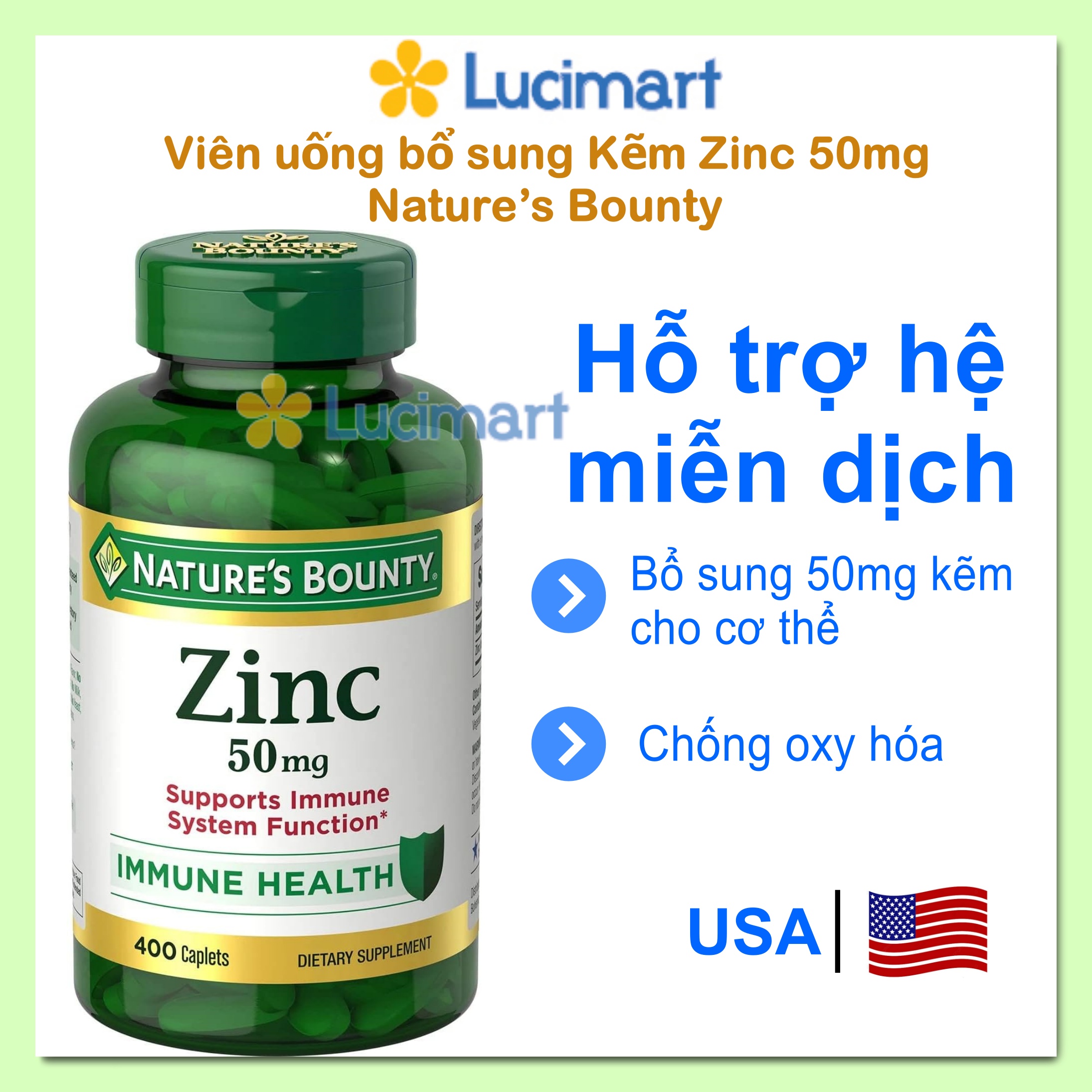 Viên uống bổ sung Kẽm Zinc 50mg Nature’s Bounty hũ 100 viên [Hàng Mỹ]