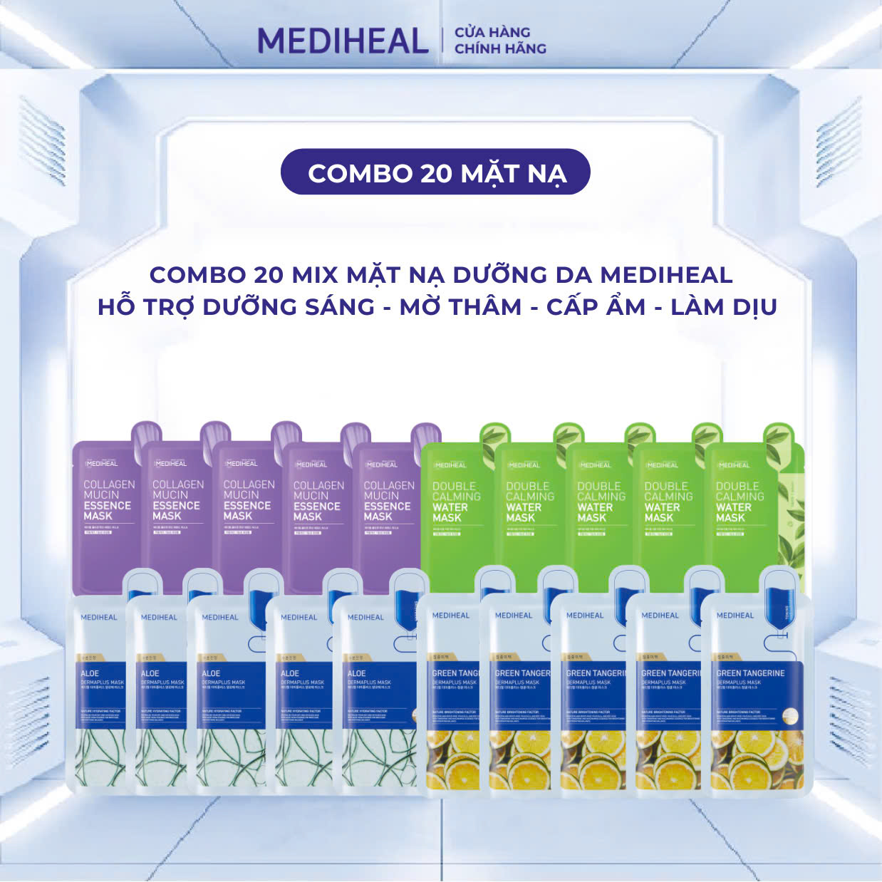 Combo mix 20 mặt nạ Mediheal 5 Mucin, 5 Calming, 5 Dermaplus Aloe, 5 Vita