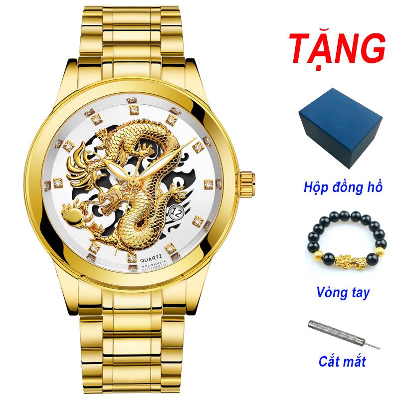 Đồng hồ nam mặt Rồng Vàng Nổi 3D - Lịch Ngày Cao Cấp + Tặng Kèm Vòng Tỳ Hưu (Đủ Màu)