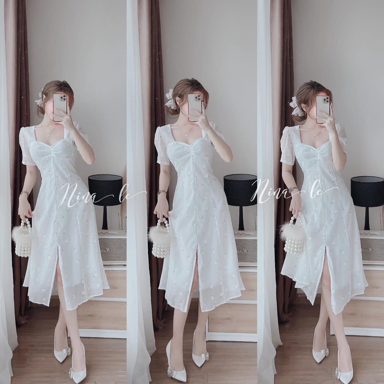 Đầm midi hoa trắng cúp ngực tinh khôi, đáng yêu - Rossy Fashion