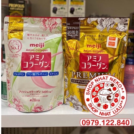 Gói Bột uống bổ sung Collagen Meiji hồng/ vàng premium/ xanh thêm ca canxi Nhật bản