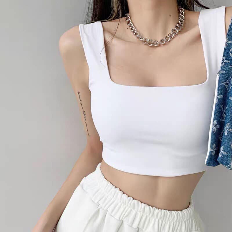 Áo croptop cổ vuông đen trắng - Áo croptop khoét nách 2 màu đen trắng freesize phom ôm chất thun co giãn