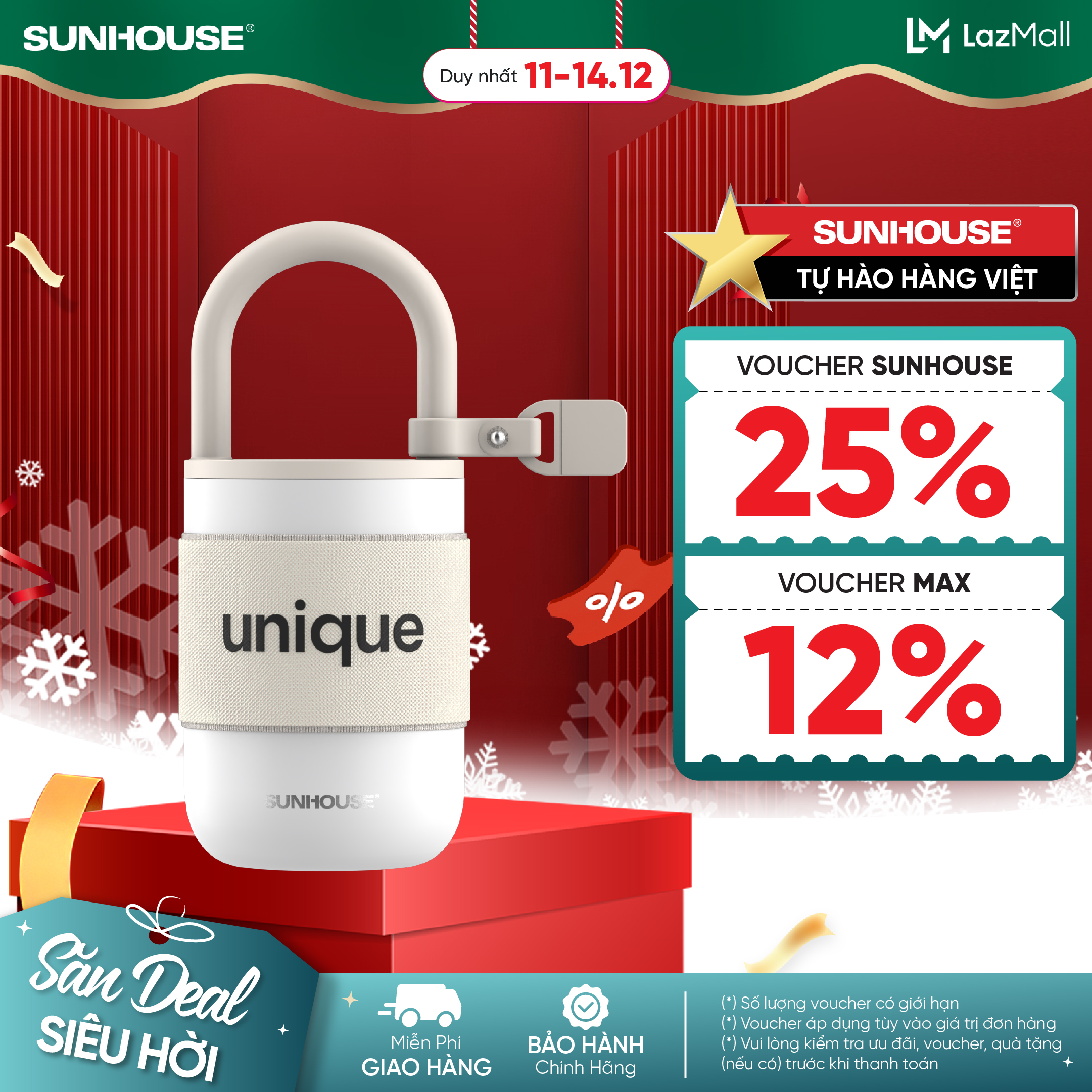 Bình giữ nhiệt Unique 300/400ml Sunhouse KS-TU300US/KS-TU400UW  - Inox 304 an toàn - Quai xách tiện lợi - Lót chống trượt