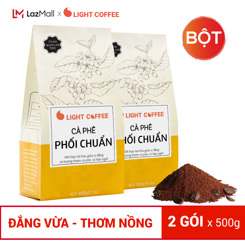 2 gói (1kg) cà phê nguyên chất 100% Loại Phối Chuẩn dạng bột, dạng hạt vị đắng vừa, thơm nồng - Light Coffee
