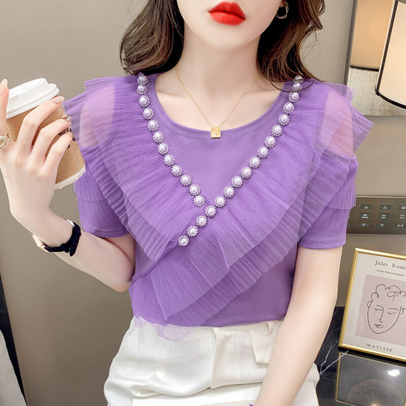 Yimei Áo màu tím cao cấp phong cách người nổi tiếng Áo Thun Nữ viền lưới Ruffle cạnh ngắn tay áo mới 2023 T-shirt888tt Hở Vai Nữ Cổ Tròn Đính cườm nặng