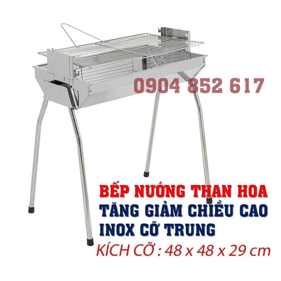 Bếp nướng than hoa thay đổi chiều cao cỡ TRUNG, chất liệu INOX cao cấp 100%