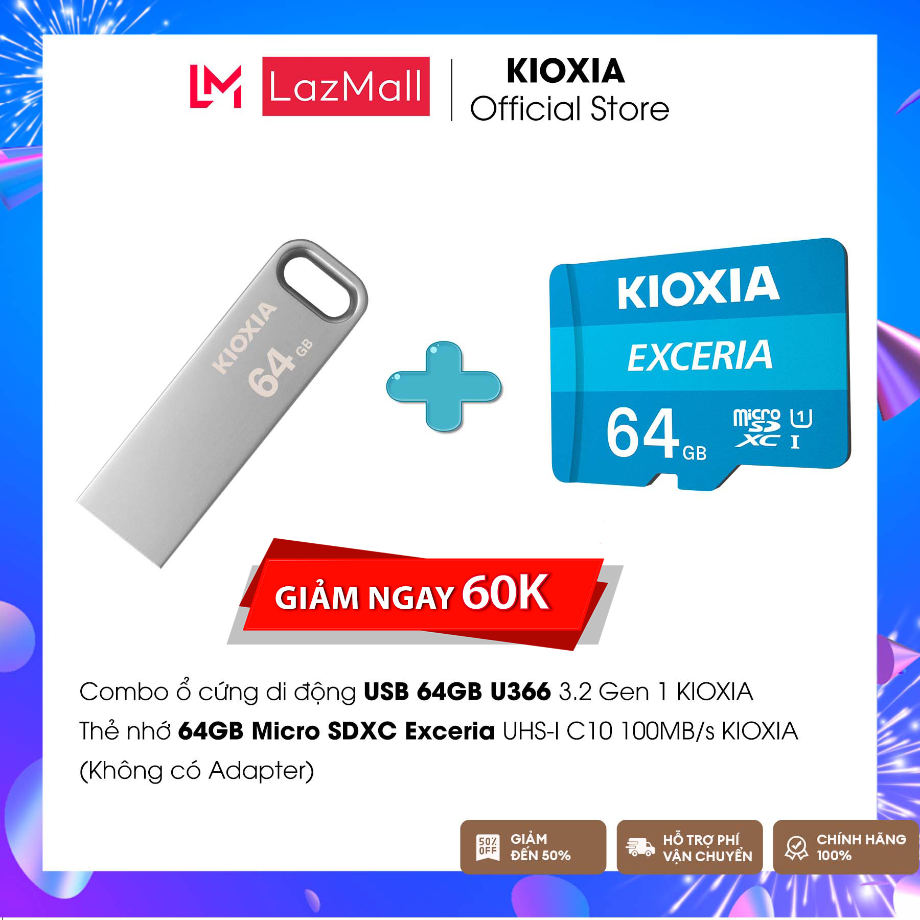 Combo lưu trữ ổ cứng di động 64GB U366 USB 3.2 Gen 1 Kioxia và Thẻ nhớ