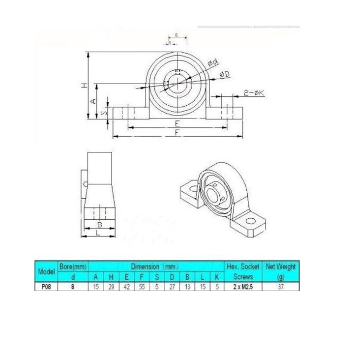 Gối đỡ vòng bi đứng trục 8mm P08