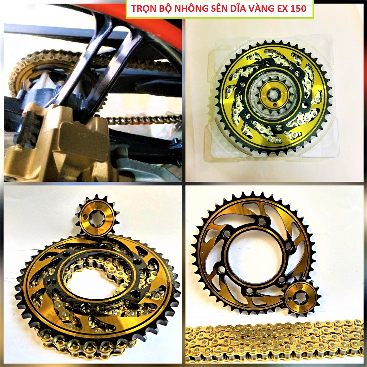 Bộ nhông sên dĩa vàng cho EX 150 và Winner X loại dày đẹp lắp như zin độ xe cực chất, nhông xích vàng ex 150 winner x , đồ kiểu độ xe máy