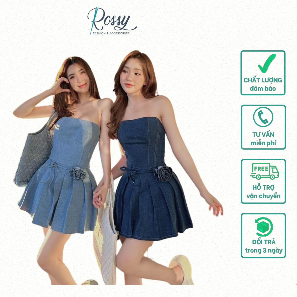 Đầm nữ cúp ngực jean xếp ly phối hoa Freesize Rossy Fashion - SR185