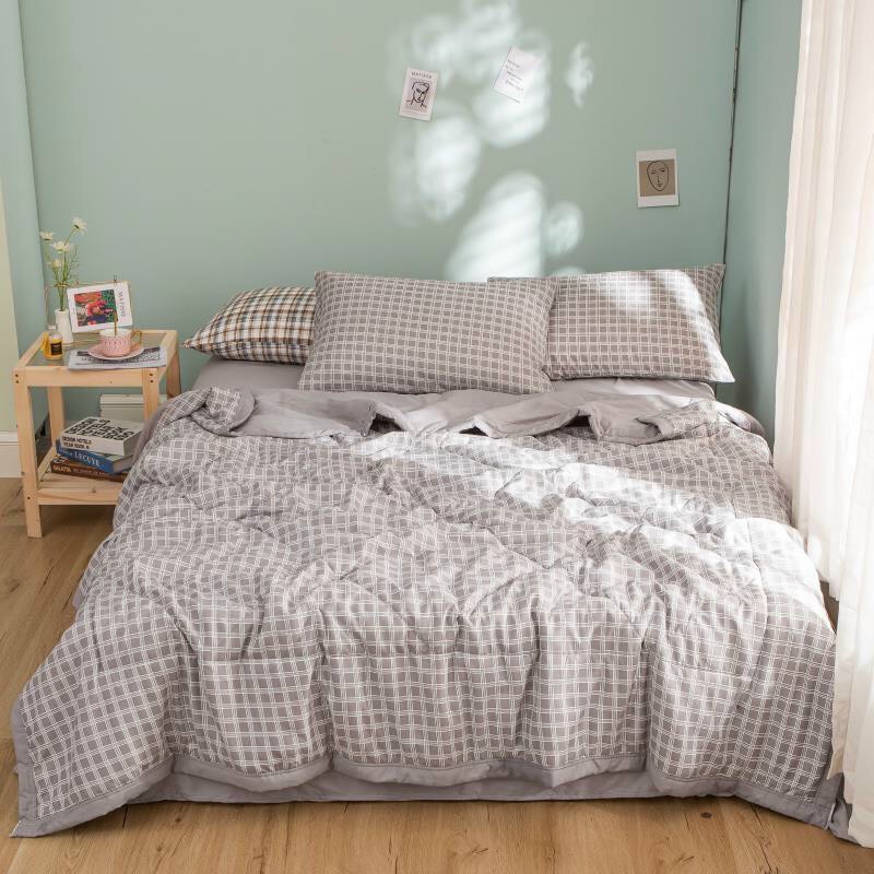 Bộ chăn ga cotton đũi chần bông kẻ caro nâu be nvc bedding, đủ size giường đệm