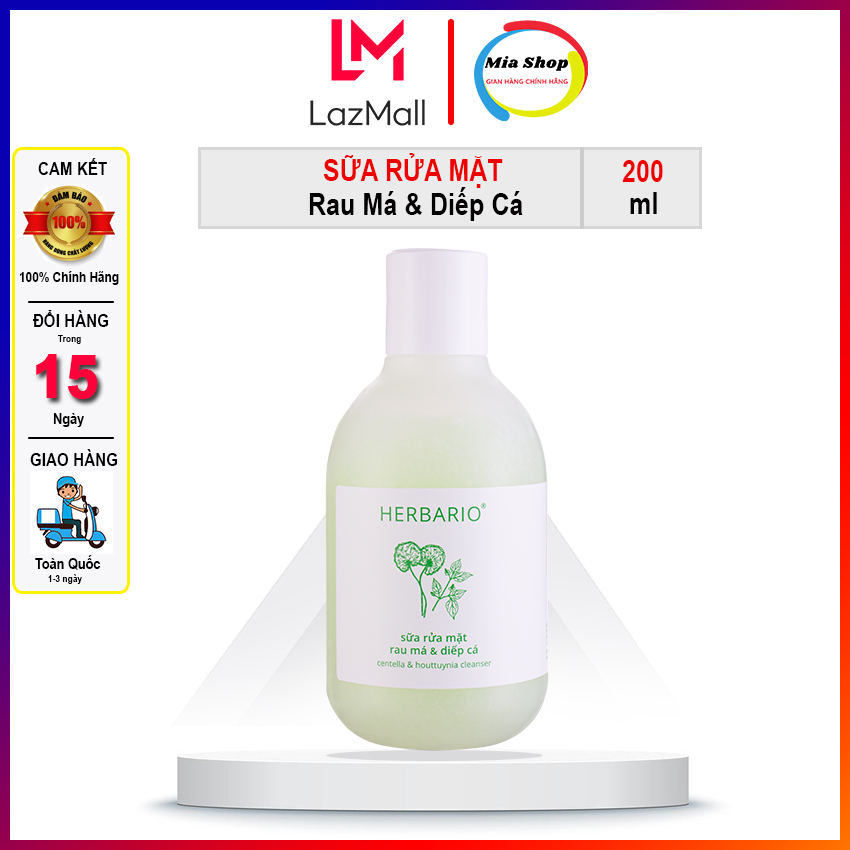 Sữa rửa mặt HERBARIO chiết xuất Rau má & Diếp cá giúp làm sạch da và tẩy da chết hiệu quả 200ml
