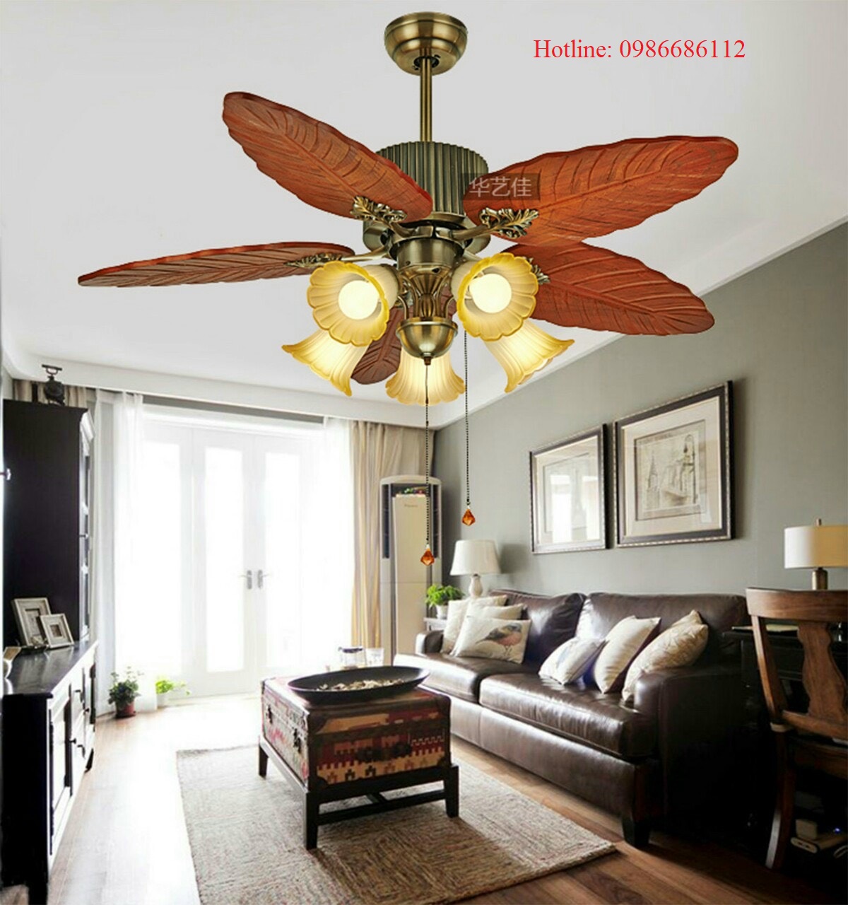 Quạt trần cánh hình lá bằng gỗ tự nhiên - Tặng bộ điều khiển từ xa, tặng 5 bóng điện theo quạt,  Động cơ DC thế hệ mới giúp quạt chạy êm hơn và mát hơn,,6 tốc độ gió, decor phòng khách,ngủ,nhà hàng,spa,quán cafe .