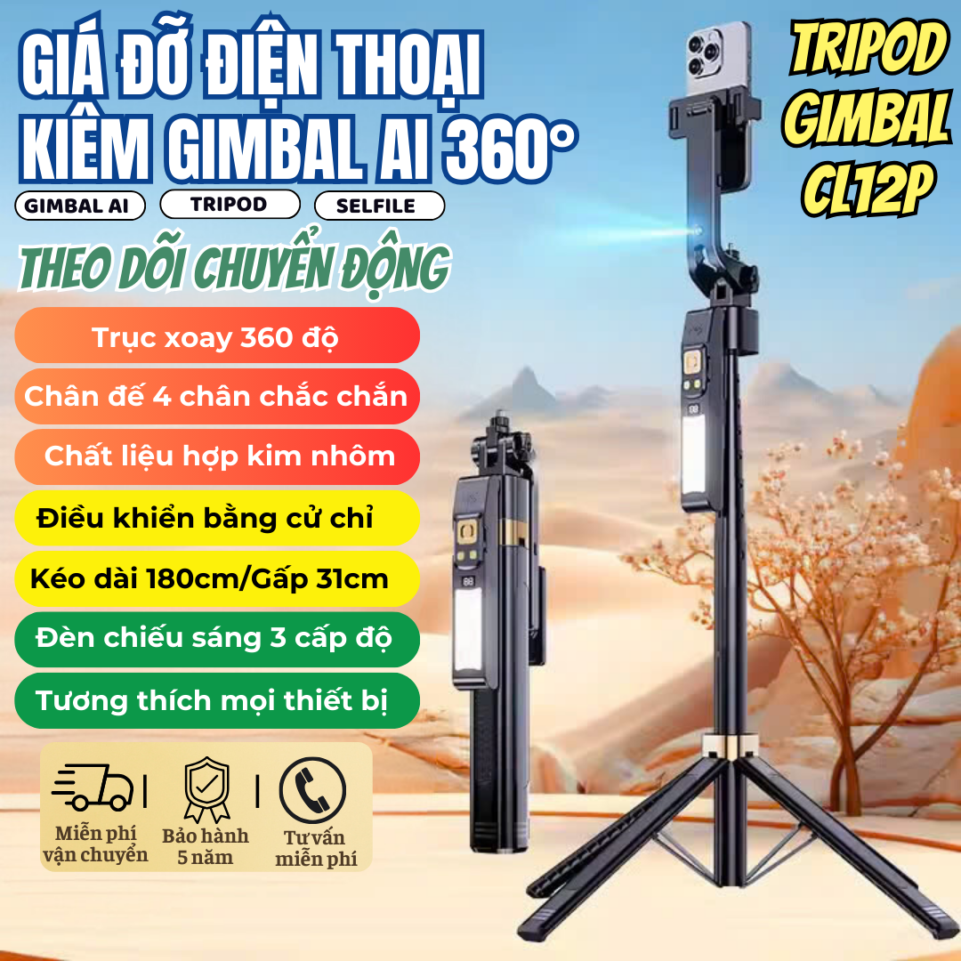 Giá Đỡ Điện Thoại Kiêm Gimbal AI CL12P Tự Động Xoay 360 Độ - Gậy Chụp Ảnh 4 Chân Kéo Dài 180 cm- Tripod Điện Thoại Theo Dõi Chuyển Động Gậy Selfile Có Remote Kết Nối Bluetooth Tích Hợp Đèn Trợ Sáng