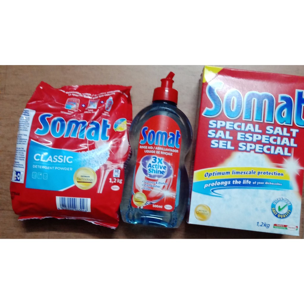 Bột rửa chén Somat +hộp muối rửa chén Somat + chai nuớc làm bóng Somat
