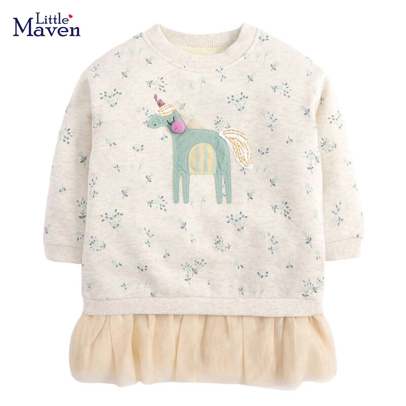 Little Maven Spring And Autumn Clothes Baby Girls Cotton Casual Unicorn Dress Lovely And Sweet For Kids 2-7 Year