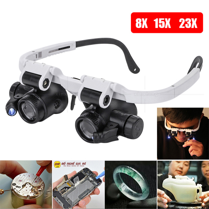 Kính lúp đeo mắt sửa chữa đồng hồ điện tử kính lúp đeo đầu phóng đại 8x 15x 23x có đèn led