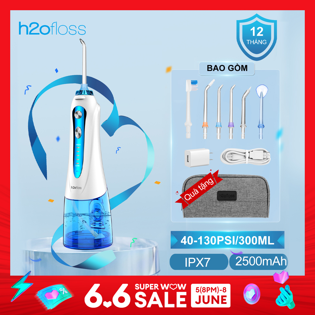 Máy Tăm Nước H2OFLOSS HF 9P Máy Tăm Nước Cầm Tay với 6 Đầu Vòi 5 Chế độ IPX7 chống thấm Oral Irrigator HÀNG CHÍNH HÃNG 12 tháng