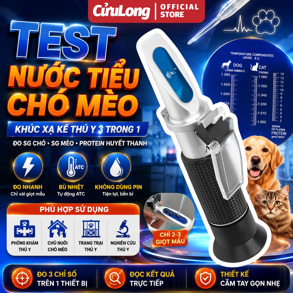 Khúc Xạ Kế Thú Y 3 Trong 1 ATC Test Nước Tiểu Chó Mèo Đo Tỷ Trọng SG Protein Huyết Thanh