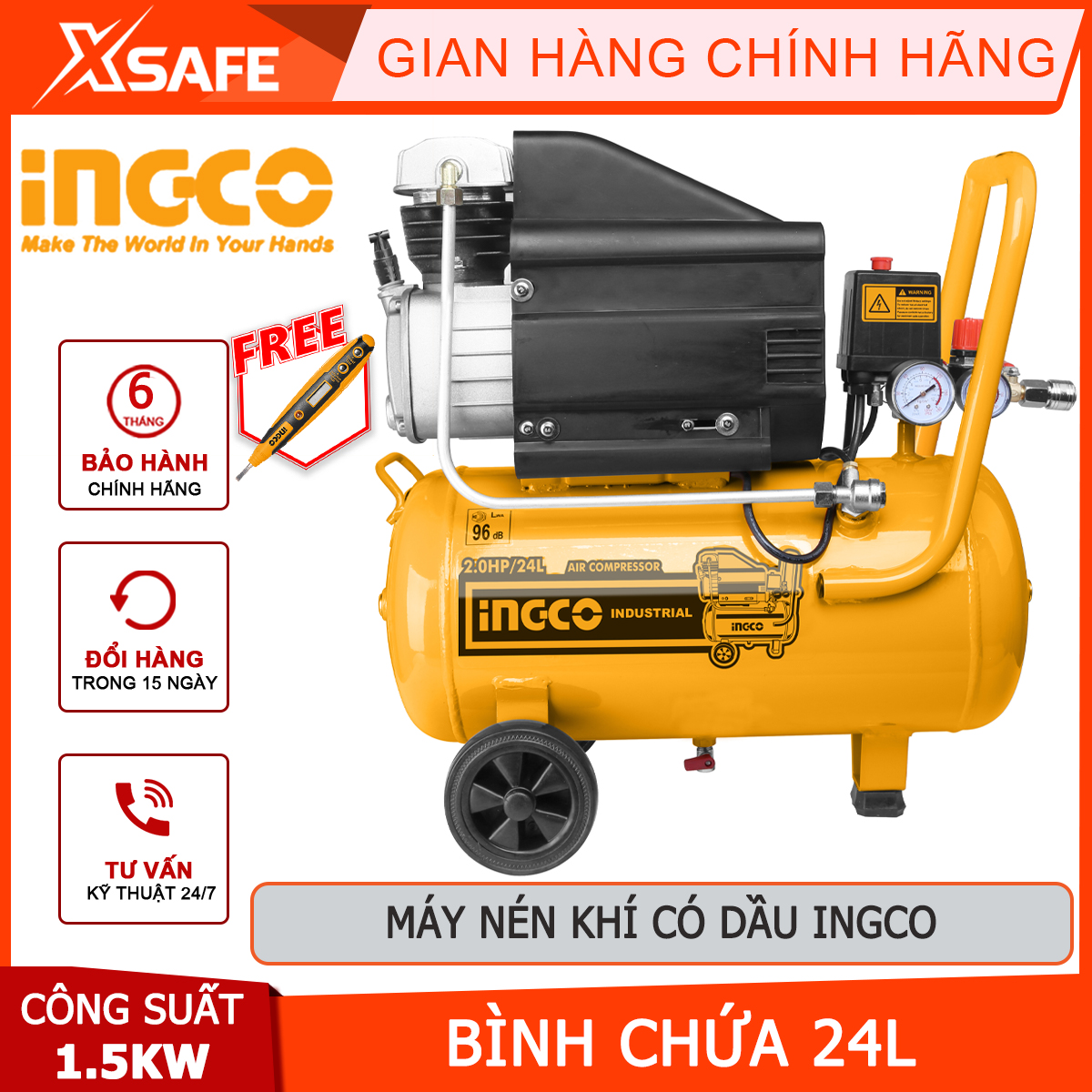 Máy nén khí có dầu 1.5kw ingco ac20248t, máy nén khí gia đình 220v, chứa 24l, tốc độ không tải 2850 vòng / phút bình chứa24l tăng áp lực chất khí cho một thiết bị hoạt động