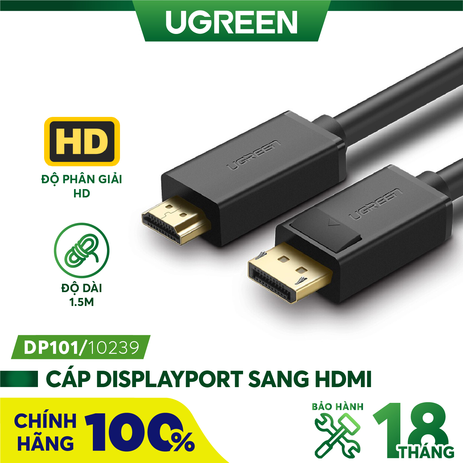 Dây cáp DisplayPort sang HDMI UGREEN DP101 | Hỗ trợ phân giải 1920x1200 | Hình ảnh và âm thanh sắc nét | Bảo hành 18 tháng 1 Đổi 1 | 10238 10202 10204 10239 10203.
