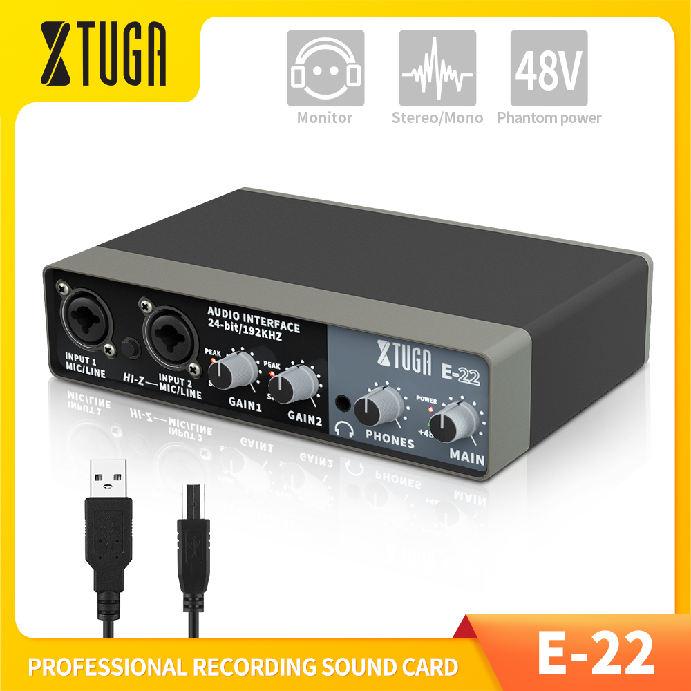 XTUGA E-22 Professional Audio Interface Stereo/Mono USB Recording Sound Card with 24 bit/192 kHz High Audio resolution Built-in Monitor Jack, 48V Power Use For Studio Recording, Live Broadcast, K Song Record - Thương hiệu XTUGA Giá 1,299,000 Đồng*Miễn phí vận chuyển
