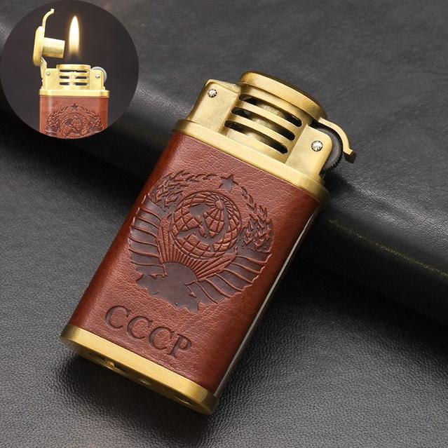 Bật lửa xăng đá kiểu cối cổ bọc da khắc nhiều hình 22036
